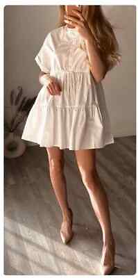 Zara Short Wide Cut Poplin Tiered Cotton White Dress New Ships Free $44.10