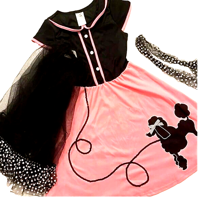 #ad 50s Poodle Skirt Sock Hop Soda Shop 5pc Costume Girls 10 12 Pink Ladies Cosplay $34.99