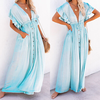 Summer Drawstring V neck Maxi Dress Outdoor Button Beach Solid Color Sun Cover $16.87