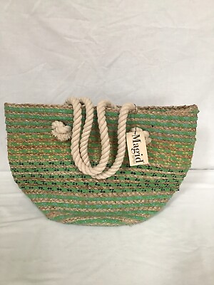Magid Tote Weave Striped Rope Green Beach Large Hand Bag NEW $39.95