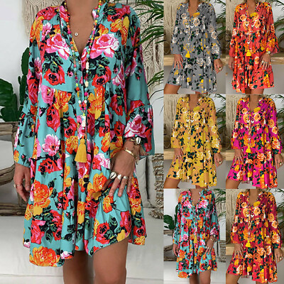 #ad Women Boho Floral Ruffle Mini Dress Ladies Summer Beach Swing Sundress Plus Size $18.85