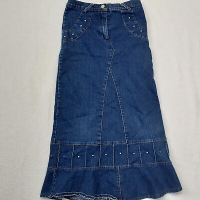 #ad Mambis Youth Long Jean Skirt Girls Size 10 M Dark Wash Ruffled Studded Sweeper $24.95