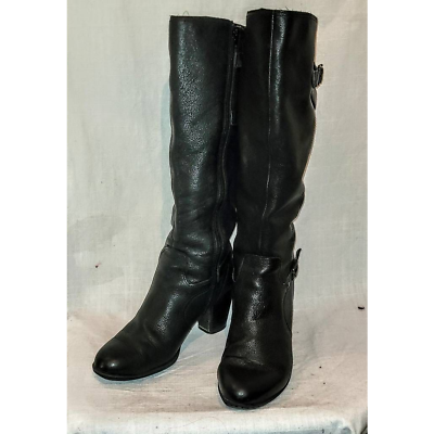 #ad B.O.C Womens Boots Black Leather Straps Knee High Heel Stacked Zip Solid 9.5 M $34.00