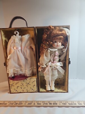 #ad SHOW STOPPERS 12quot; PORCELAIN DOLL Wood Case Extra Dress Auburn Curly Hair TRUDY $24.99