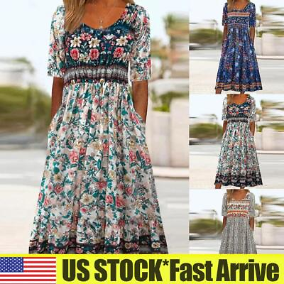 #ad Womens Holiday Beach Boho Round Neck Dress Ladies Summer Midi Dress Sundress $16.46
