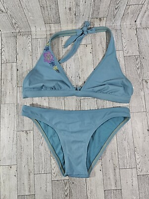 Arizona Womens Bikini Swimsuit Blue Floral Embroidered M Bottom XL Top $10.00