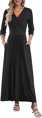 #ad WNEEDU Women#x27;s 3 4 Sleeve V Neck Casual Long Maxi Dresses with Pockets $39.98