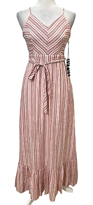 #ad NWT HYFVE Women#x27;s Maxi Dress Red Stripes Size Small Zipper Belted Sleeveless $34.00