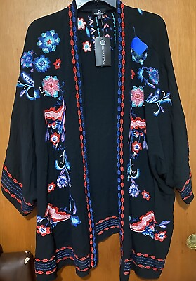 #ad Curations Size XS S Womens Top Black Boho Hippie Floral Embroidered Kimono NWT $22.00