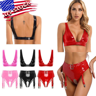 #ad US Womens Leather Bikini Cut Out Crop Top with High Waist Thong Outfits Clubwear $16.37