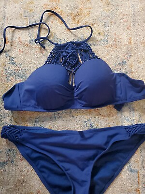 Ambrielle Swimwear Womens Bikini Push Up Top Netted Front Color Navy M Bottoms L $14.99