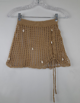 #ad Women#x27;s Size S Crochet Beach Cover Up Boho Mini Skirt with shells Accent Khaki $13.50
