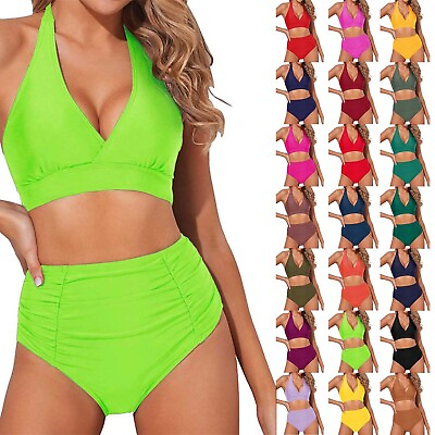 #ad Women Two Piece Swimsuit V Neck Triangle Top Wide Straps High Waist Bathing Suit $26.98