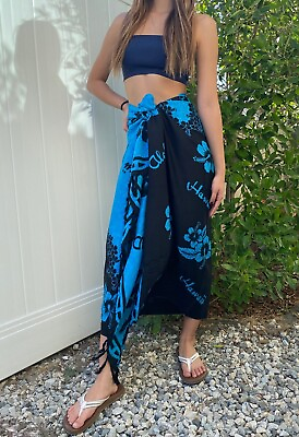 #ad Hawaii Sarong Pareo Black Blue Hibiscus Beach Pool Cover up Hawaiian Luau Dress $15.79