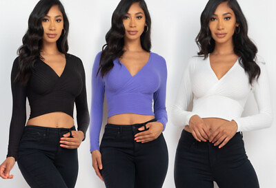 Sexy Wrap Front Long Sleeve Crop Top Stretchy Fitted Solid Colored Bodycon Shirt $13.99