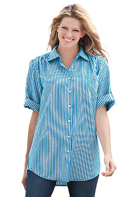 #ad Woman Within Women#x27;s Plus Size Short Sleeve Button Down Seersucker Shirt $29.99