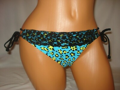 #ad #ad Bongo Swim Bikini Bottom Small Blue Yellow Leopard Black Lace String Animal New $14.99