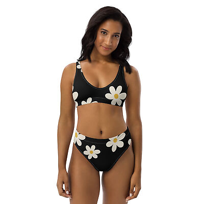 #ad New Women#x27;s XS 3XL High Waisted Bikini Set Black With Daisies Removable Pads $41.54
