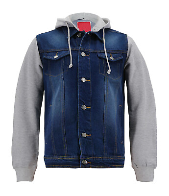Men#x27;s Casual Cotton Denim amp; Jersey Sleeves Trucker Jacket With Removable Hood $29.36