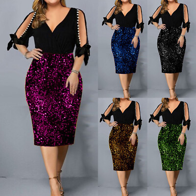 #ad Plus Size Women V Neck Sequins Midi Dress Ladies Bodycon Evening Party Sundress $23.82