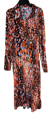 #ad Cabi Maxi Dress XL Womens 1 4 button Bohemian Abstract Patchwork Flowy Zip EUC $35.00