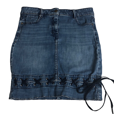 #ad DKNY Skirt Womens Medium Blue Denim Y2k Pencil Fitted Corset Tie Distressed $33.74