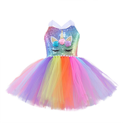 #ad New girl#x27;s mesh dress unicorn rainbow fluffy princess dress $24.99