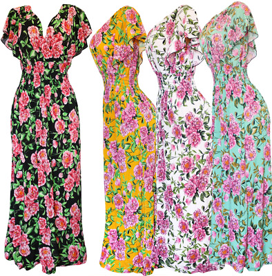 #ad #ad Women#x27;s Butterfly Sleeve Pink Flowers Smocked Summer Sundress Long Dress $18.95