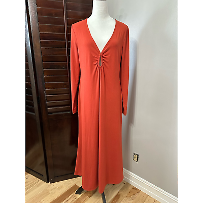 #ad Open Edit Womens Dress Orange Keyhole Maxi V Neck Long Sleeve XL New $40.99