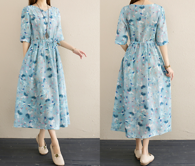#ad Women Soft Cotton Linen Clothing Floral Maxi Dress Short Sleeve Pockets $16.00