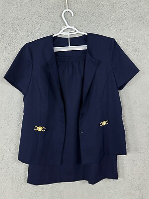 #ad Blair 2 piece skirt set womens large navy blue button up elastic waist pull on $30.88