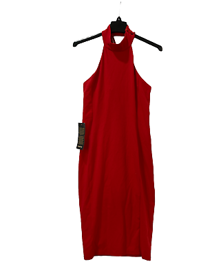Bebe Dress Women#x27;s M Halter Neck Sheath Cocktail Party Red Lattice Back NEW $44.98