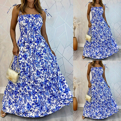 #ad Womens Floral Strappy Dress Boho Sundress Long Maxi Dress Summer Holiday Beach $24.50
