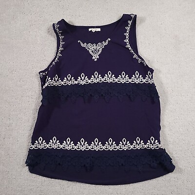 #ad Maurices Boho Shirt Women#x27;s Size XL Navy Blue Crochet Sleeveless Tank Rayon $14.97