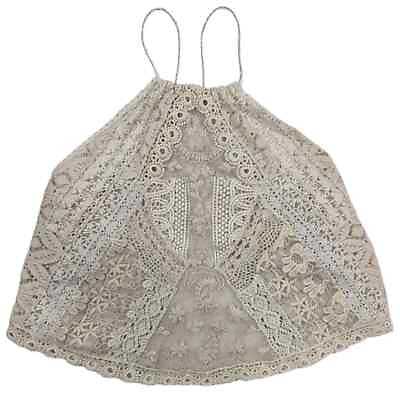 #ad Free People Beige Tan Boho Lace Mesh Embroidered Halter Cropped Top Size S $22.00
