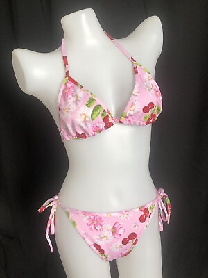 #ad New 2 Piece Matching Set Swimsuit Bikini Fits XS to L Adjustable Cherry Floral $16.99