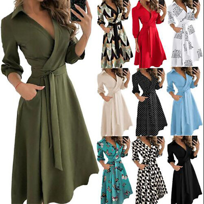 #ad Womens Long Sleeve Floral Maxi Dress Ladies Casual Lace Up Pocket Shirt Dresses $4.27