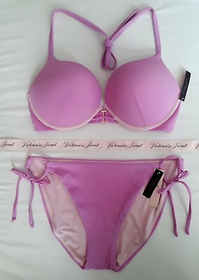 #ad Victorias Secret 2pc Bikini Swim Set 36C BOMBSHELL Pushup add 2c size L Side Tie $52.95