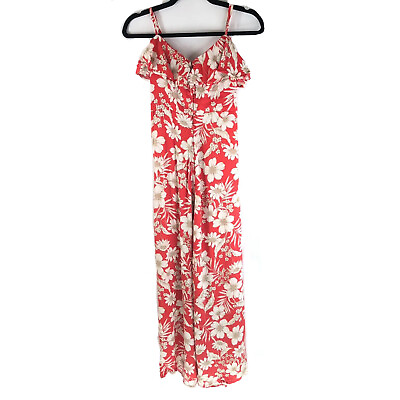 #ad As U Wish Maxi Dress Slit Floral Sleeveless Ruffle Keyhole Back Orange XS $14.99