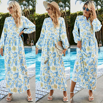 #ad Women Floral Printed Long Sleeve Maxi Dress Boho Summer Holiday Beach Sundress $30.78