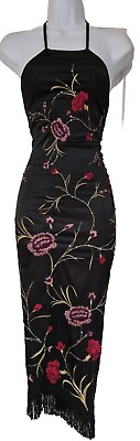 #ad Womens Karen Millen Black Satin Embroidered Fringed Vintage Cocktail Dress 12 GBP 79.99