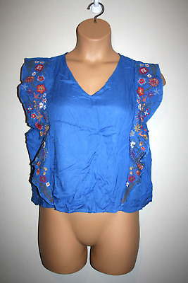 #ad NEW Womens ISA amp; ELLA Blue Floral Embroidered Boho Sleeveless Top Small S NWT $29.95