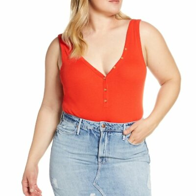 NEW BP NORDSTROM Plus Size Henley Tank Bodysuit Solid Red Ribbed Cotton Blend 1X $22.49