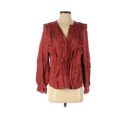 #ad Rebecca Taylor Womens Button Up Shirt Brown Long Sleeve Lace Silk Rayon Boho 4 $39.99