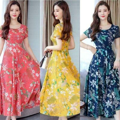 #ad Sleeve L 3XL Size O neck Slim Short Women Plus Dresses Long Dress Floral Print $15.26