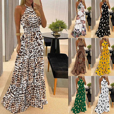 #ad Women#x27;s Boho Halter Sleeveless A line Dress Summer Holiday Beach Maxi Dresses $22.90