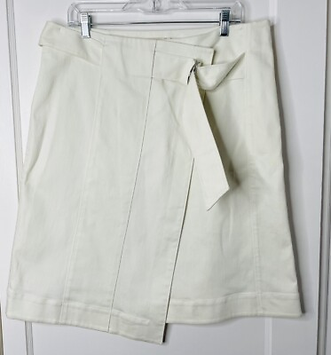 #ad Tory Burch Denise Faux Wrap Skirt 14 A Line White Denim Stretch Crossover Belted $38.25