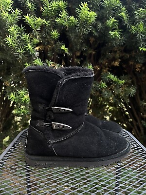 BEARPAW 682 W Abigail Sheepskin Wool Blend Lining Black Suede Boots Women Size 8 $15.00