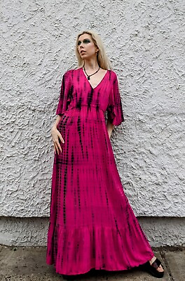#ad Pink Tie Dye Maxi Dress Short Sleeve Lightweight Boho Chic $37.49