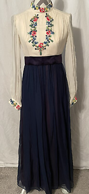 #ad VTG 70#x27;s Scandinavian style Maxi Length Party Dress long sleeve embroidered M 6 $39.00